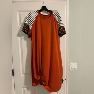 2XL Orange With Leopard Print/Striped Sleeves Dress From Shein